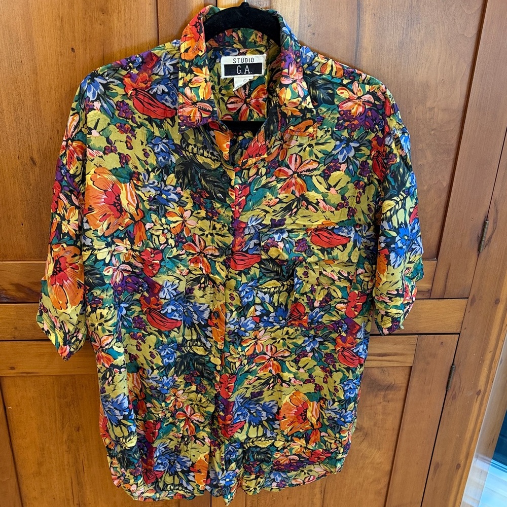 Vintage Floral Hawaiian 100% Silk Shirt, L- Coastal, Beach, Vacation, 90s